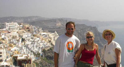 Ryan Martell, Tamra Strentz, Joan Strentz on the overlook in Santorini, Greece